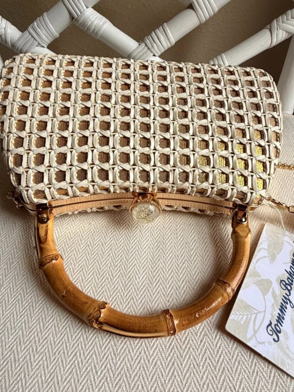 Tommy Bahama Woven Bamboo Handle Clutch Crossbody Chain Bag White Gold NWT - Picture 12 of 16